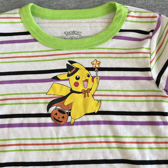 Pokemon Pikachu Halloween T-Shirt Kids M 8 Short‎ Sleeve Striped Colorful New - Picture 2 of 7